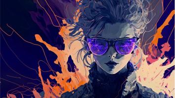 A digital illustration of a futuristic woman wearing vibrant purple-tinted sunglasses, with abstract, energetic splashes of orange, pink, and purple in the background. The style is cyberpunk and expressive.